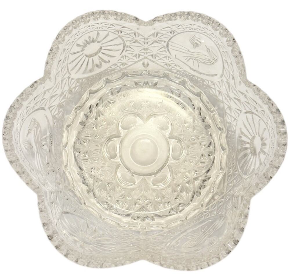 Vtg 1985 Hofbauer Clear Lead Crystal Cut Glass Bird Flower Scalloped Round Bowl